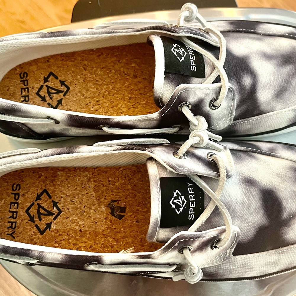 Size 10-Sperry Black and White Tie-Dye Boat Shoes with Cork insoles